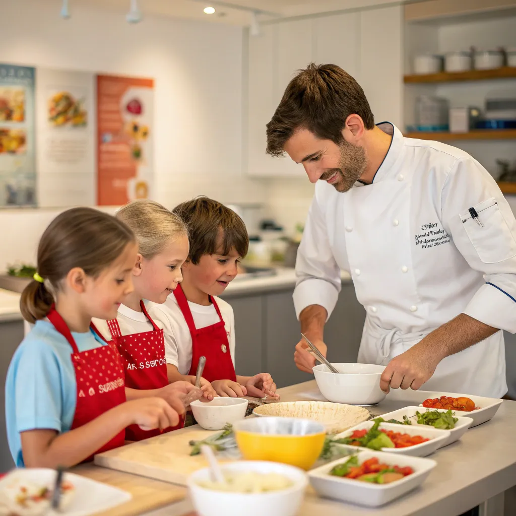 Children cooking in a class with a chef instructor